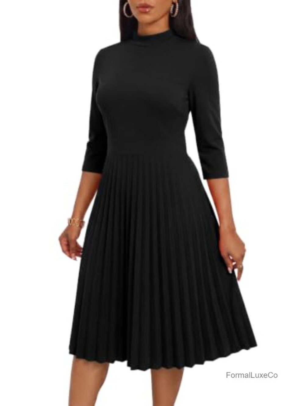 Women's Mock Neck 3/4 Sleeve Empire Waist Pleated Midi Dress Semi-Formal